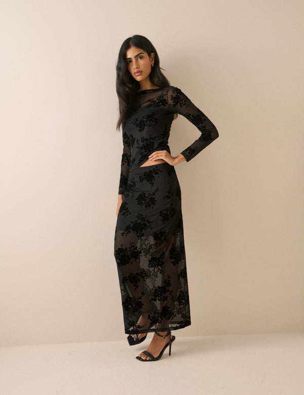 Black Floral Mesh Long Sleeve Top