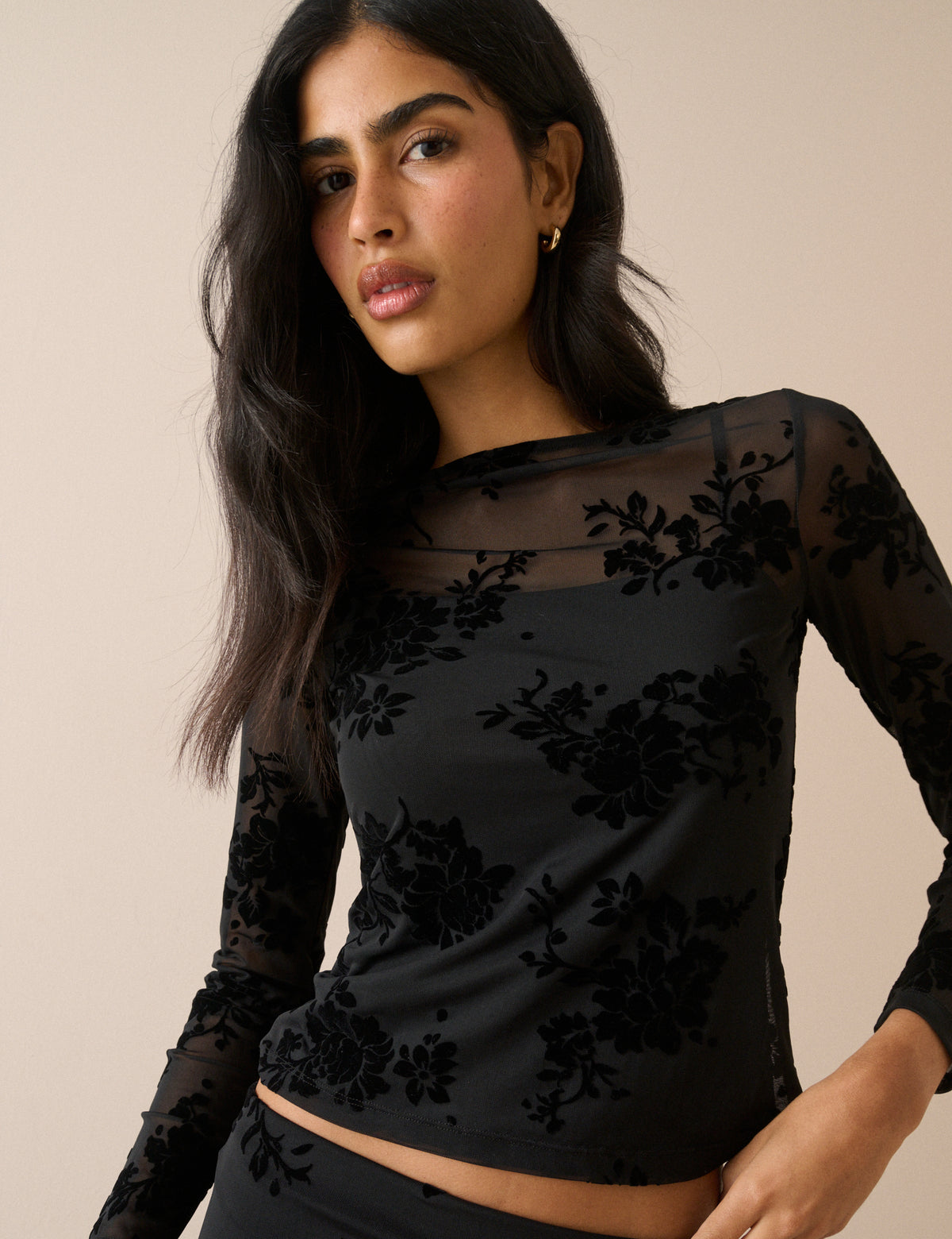 Black Floral Mesh Long Sleeve Top