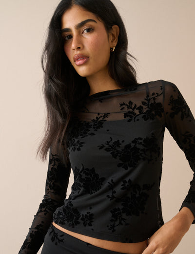 Black Floral Mesh Long Sleeve Top