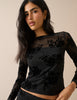 Black Floral Mesh Long Sleeve Top