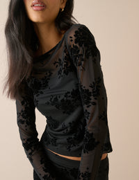 Black Floral Mesh Long Sleeve Top
