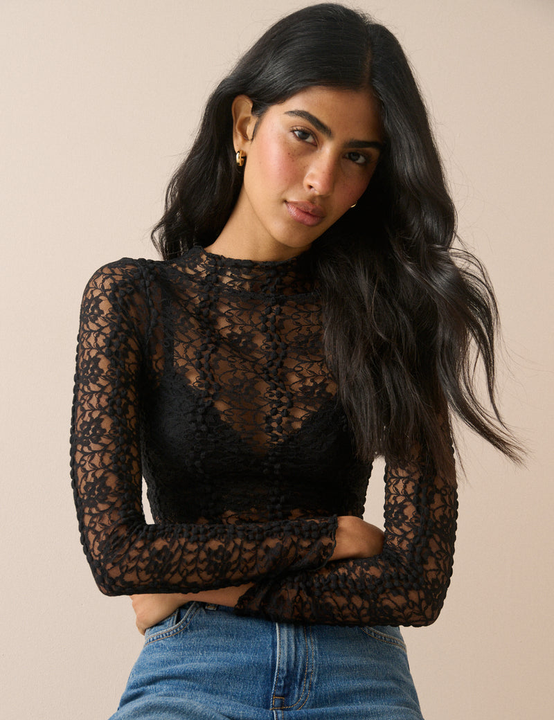 Black Lace High Neck Top