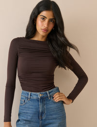 Brown Ruched Long Sleeve Top