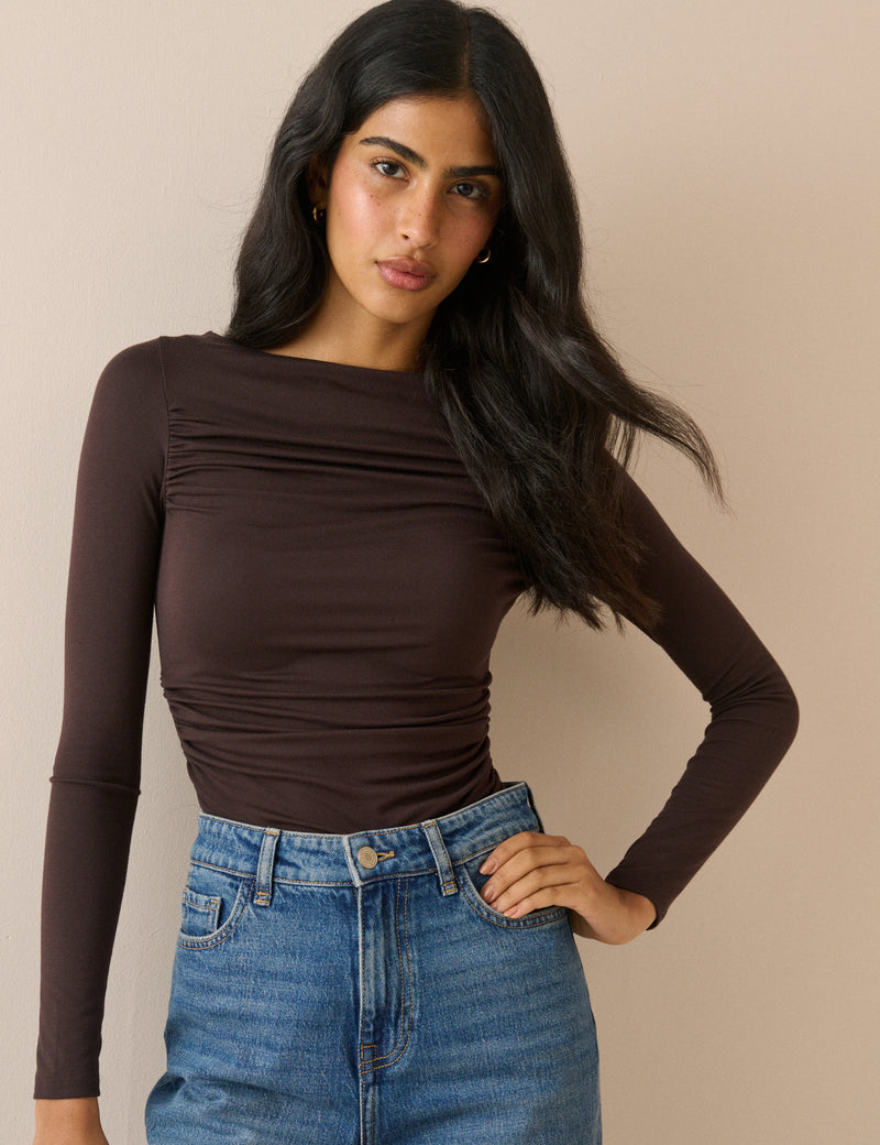 Brown Ruched Long Sleeve Top