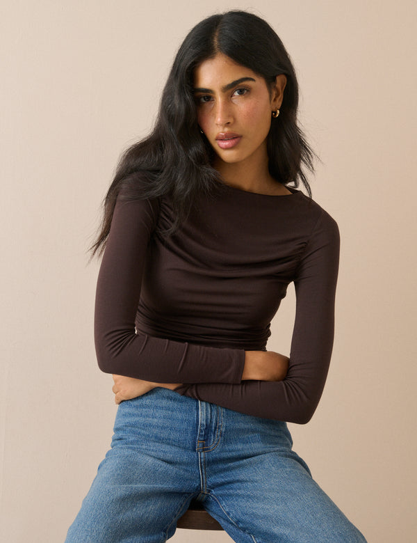Brown Ruched Long Sleeve Top