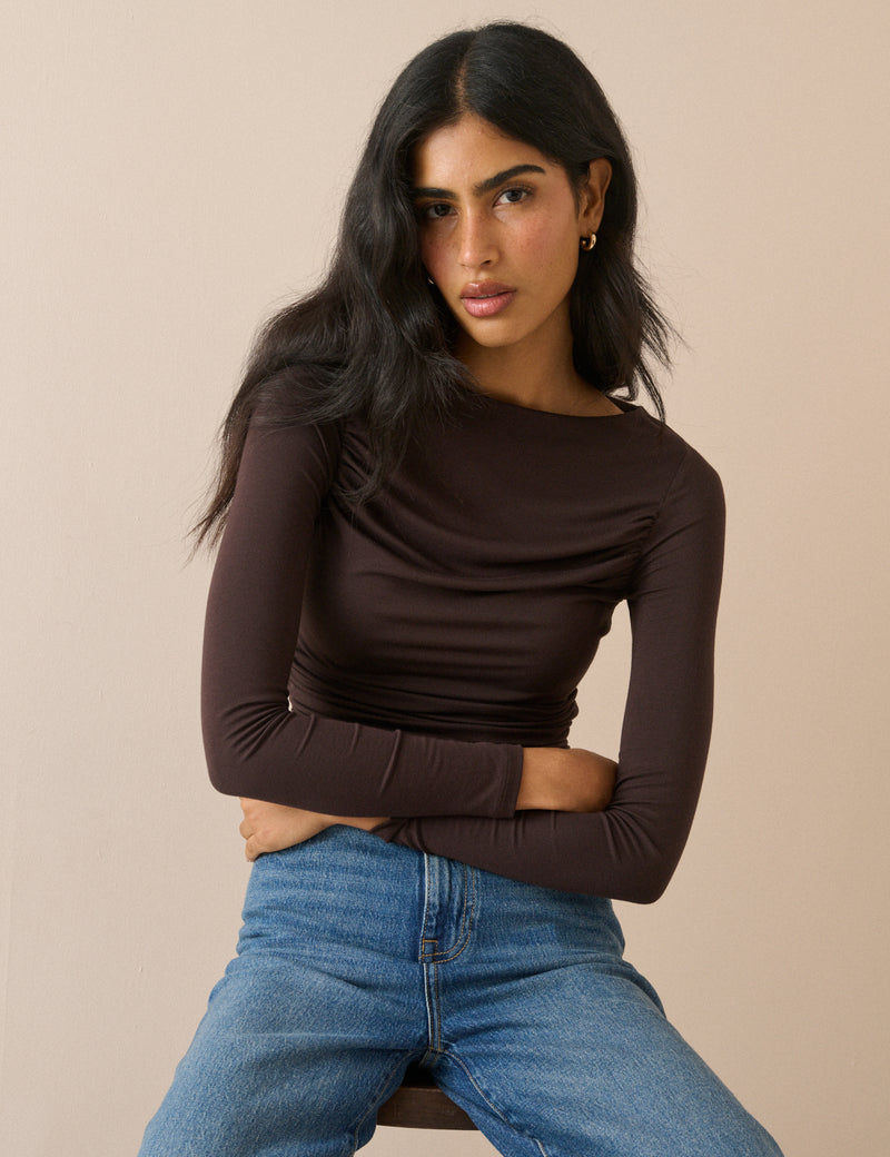 Brown Ruched Long Sleeve Top
