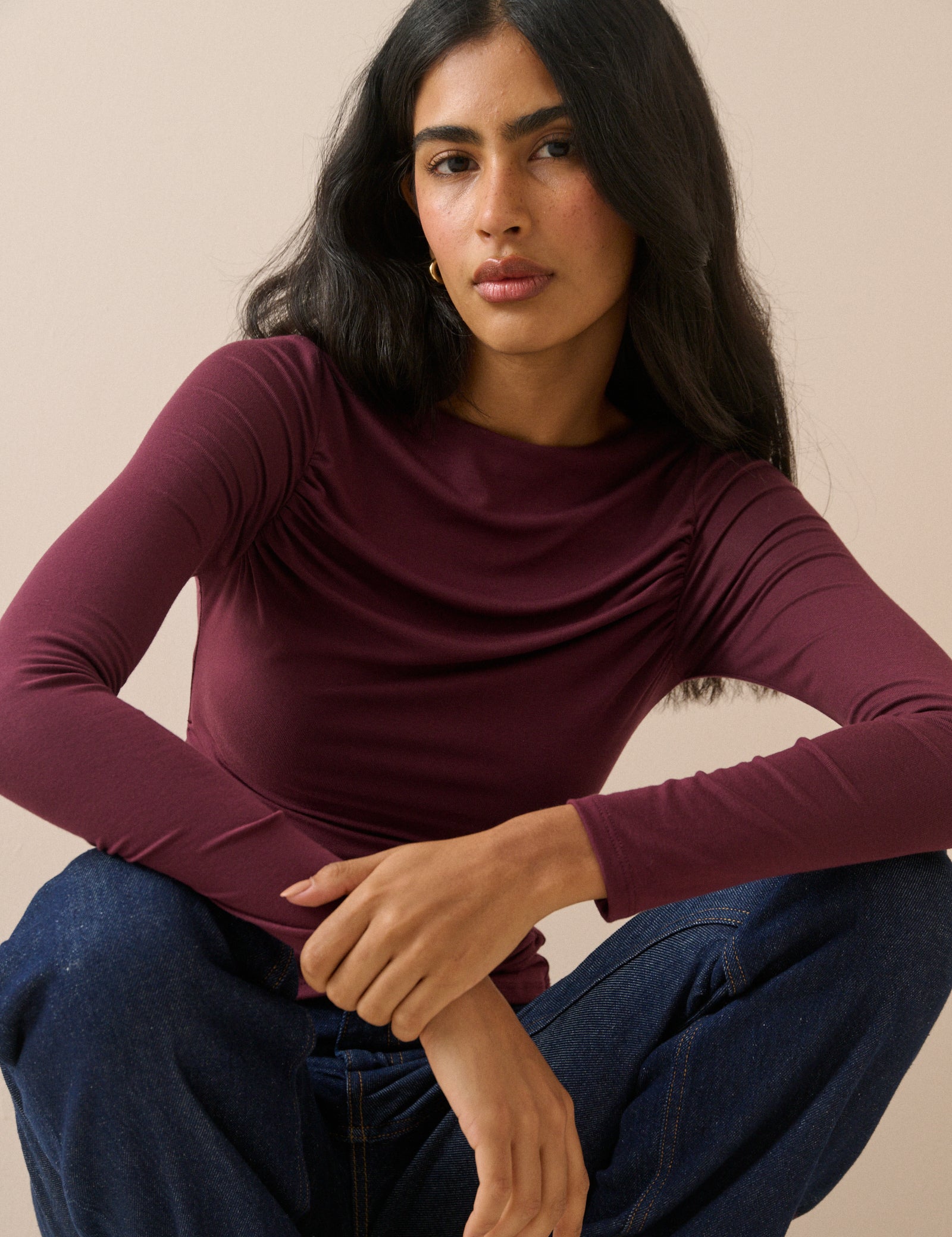Burgundy Ruched Long Sleeve Top