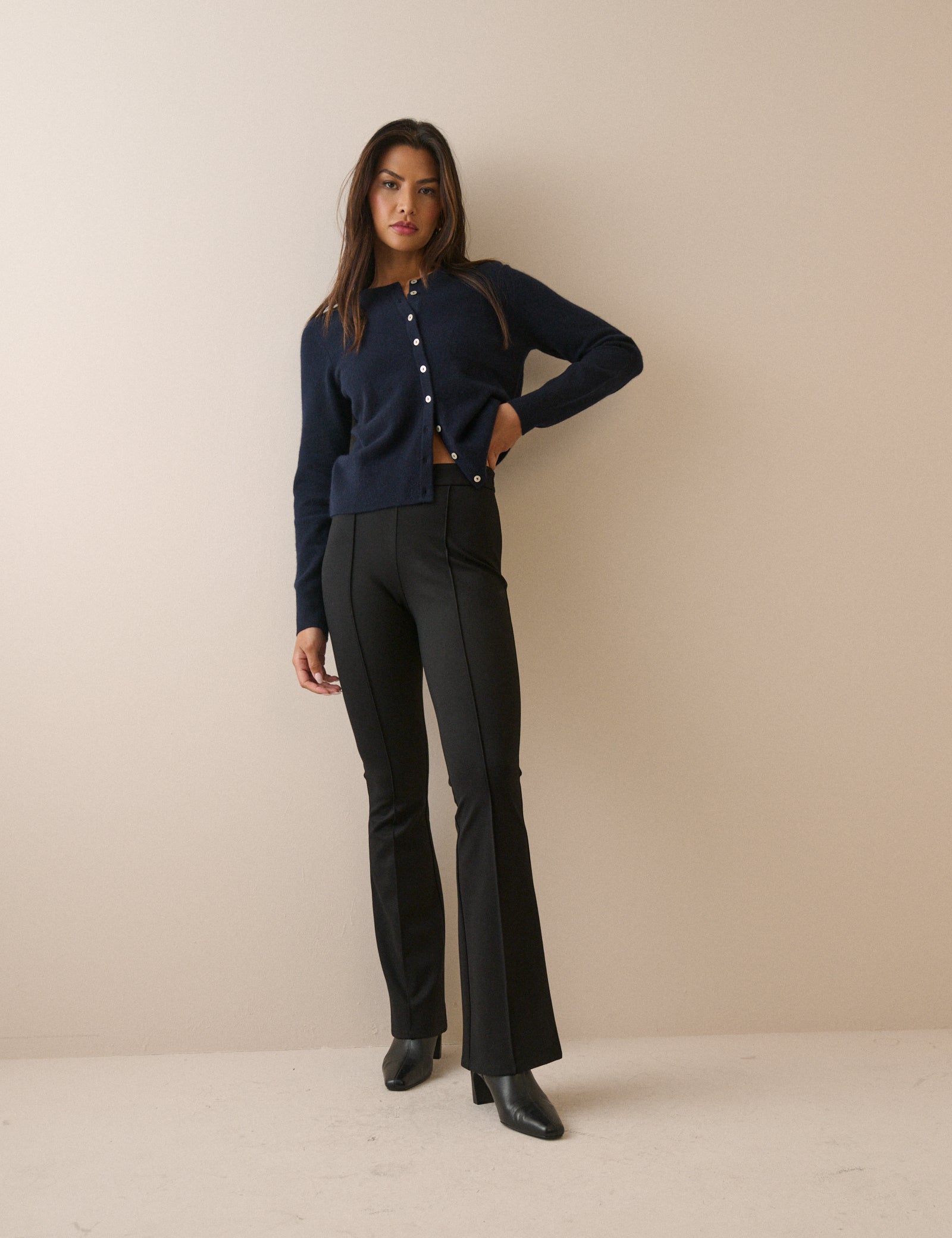 Black Pintuck Ponte Kick Flare Trousers