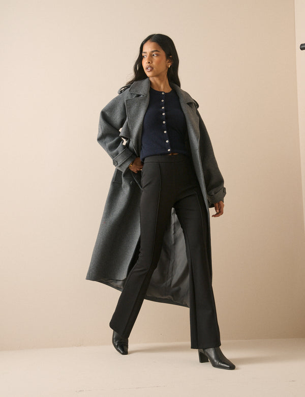 Black Pintuck Ponte Kick Flare Trousers