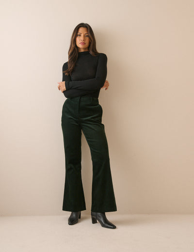 Dark Green Cord Flared Trousers