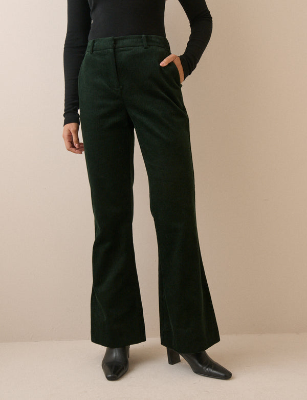 Dark Green Cord Flared Trousers