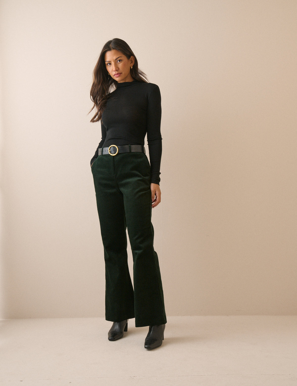 Dark Green Cord Flared Trousers