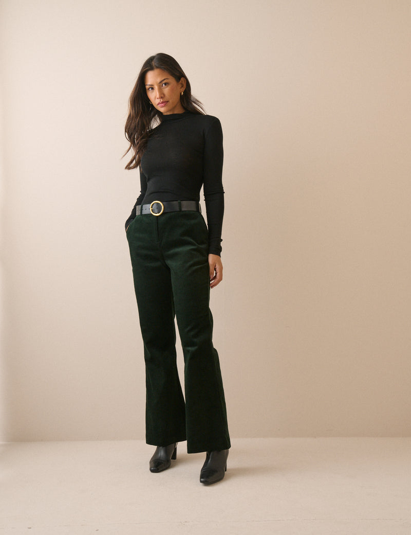 Dark Green Cord Flared Trousers