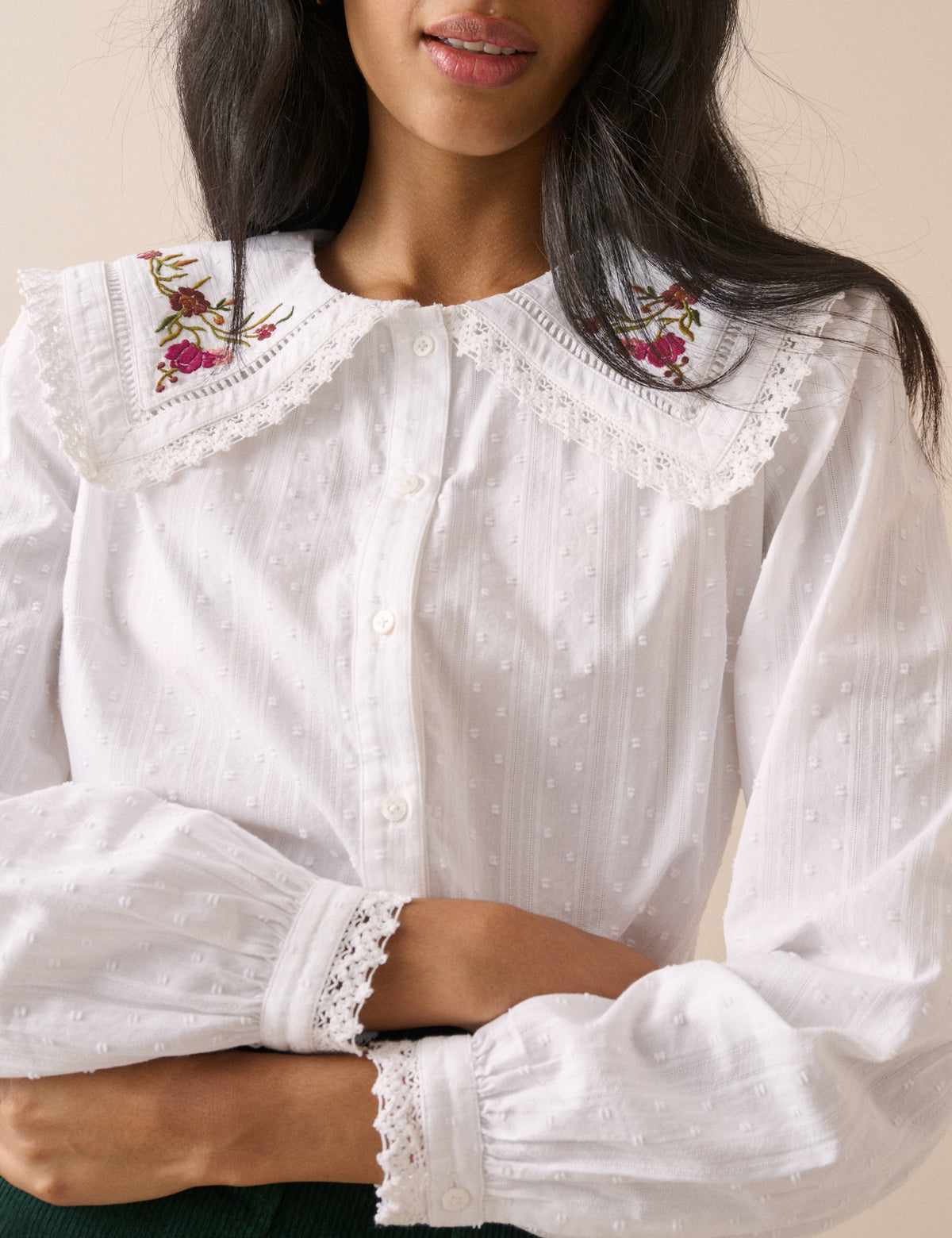 White Embroidered Oversized Collar Blouse