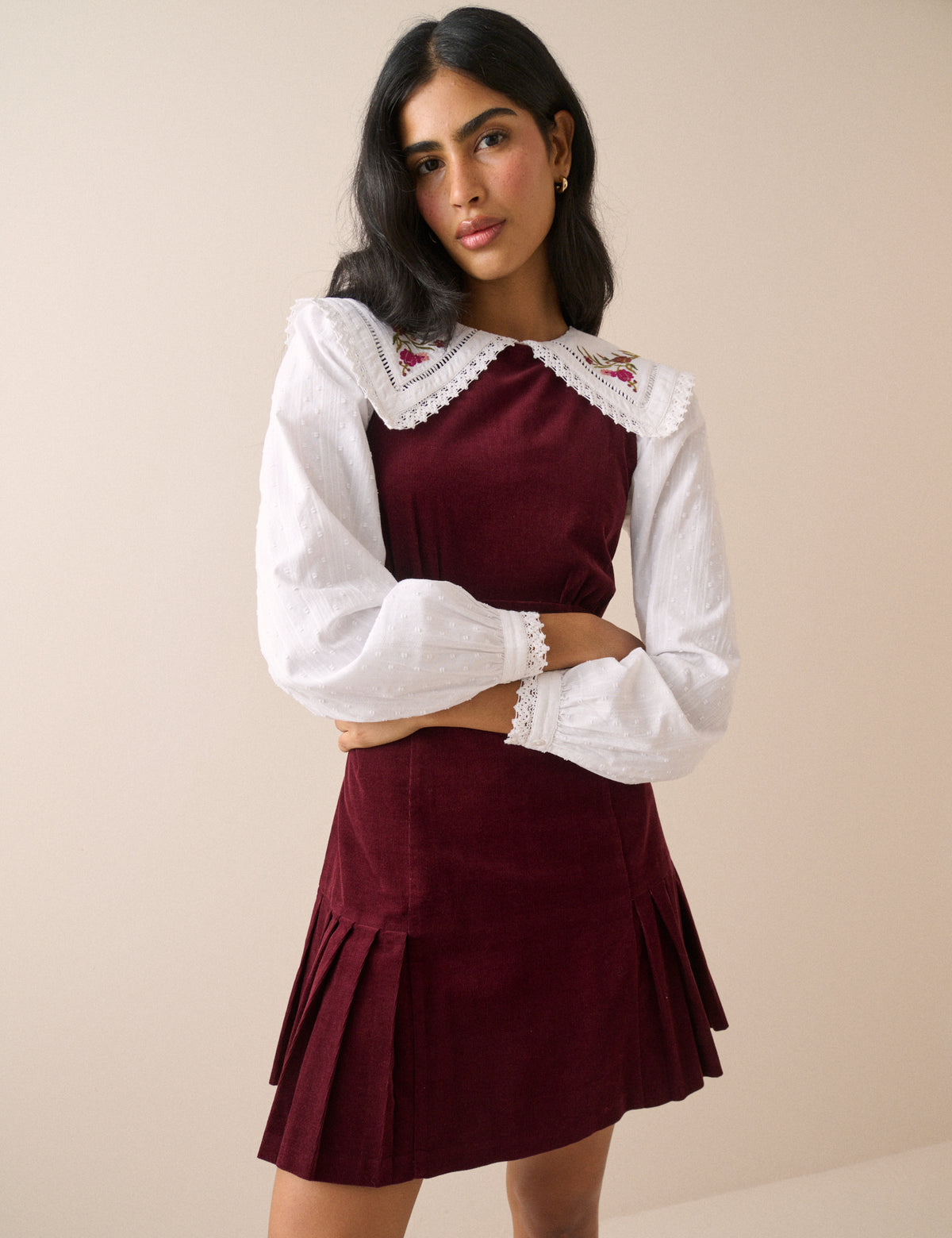White Embroidered Oversized Collar Blouse