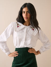 White Embroidered Oversized Collar Blouse