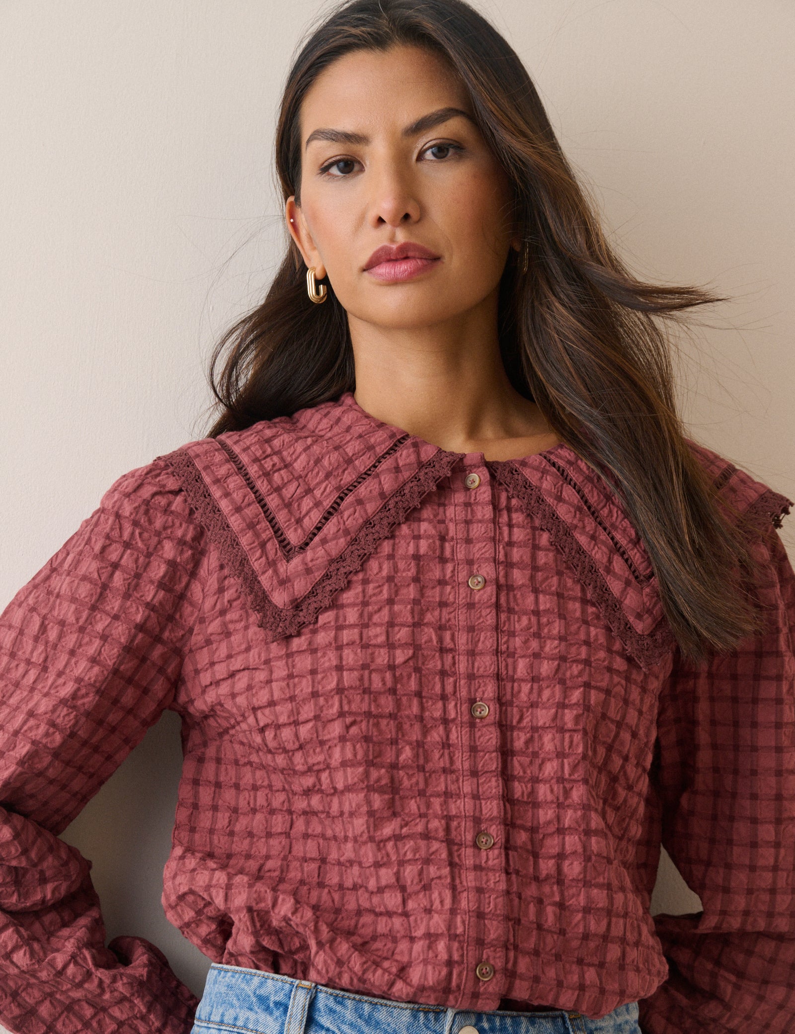 Red Check Oversized Collar Blouse