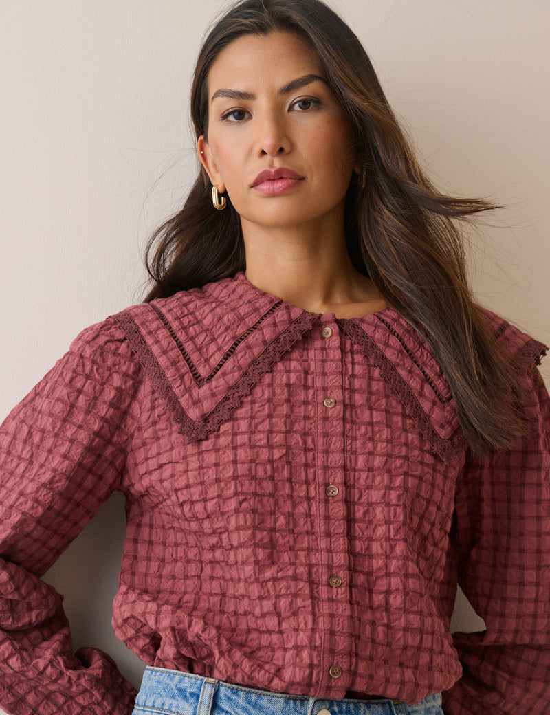 Red Check Oversized Collar Blouse