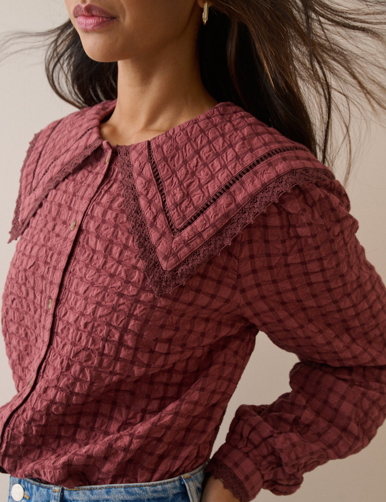 Red Check Oversized Collar Blouse