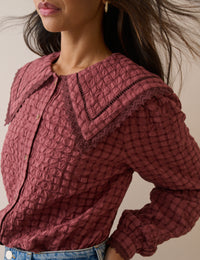 Red Check Oversized Collar Blouse
