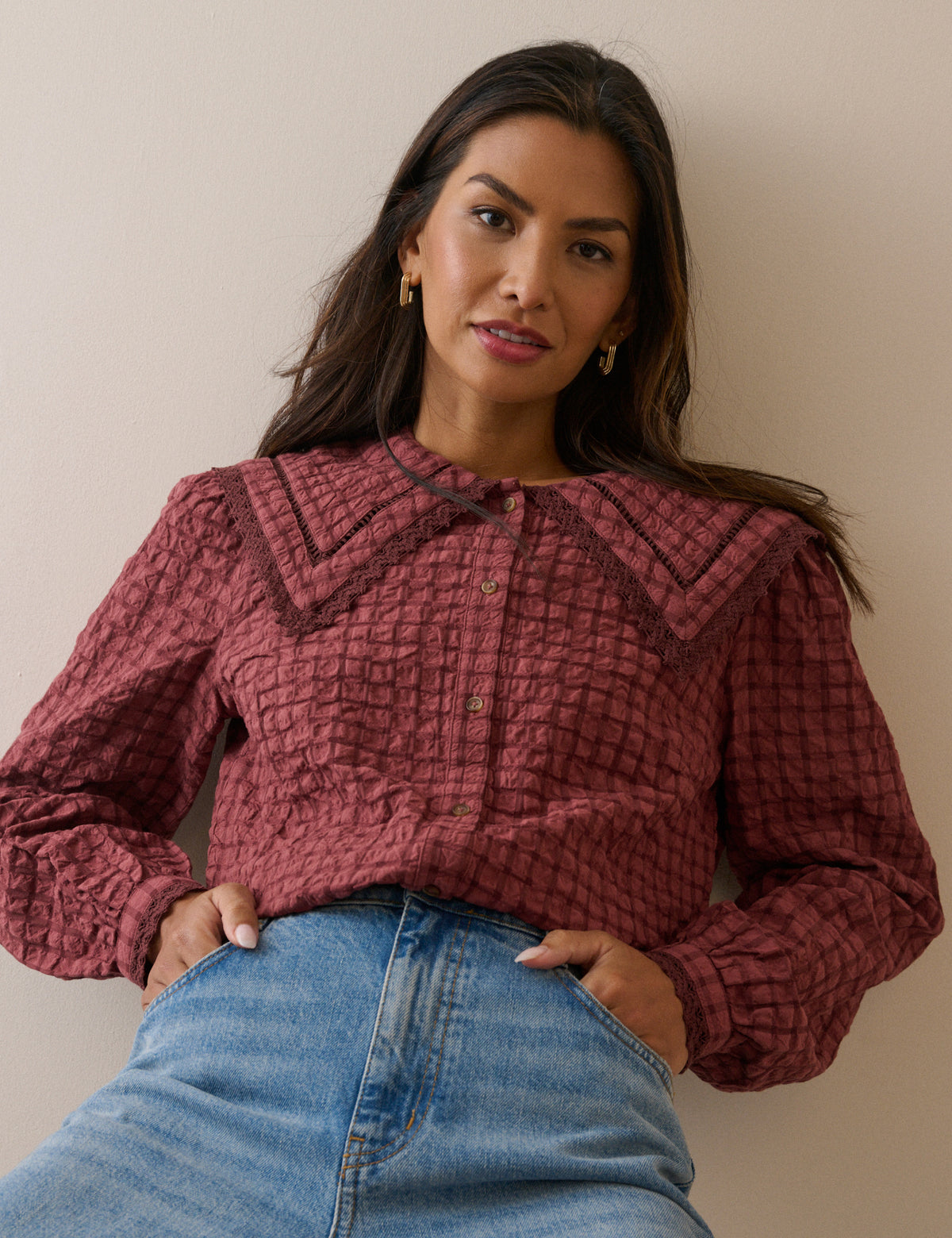 Red Check Oversized Collar Blouse