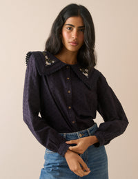 Navy Floral Embroidered Oversized Collar Blouse