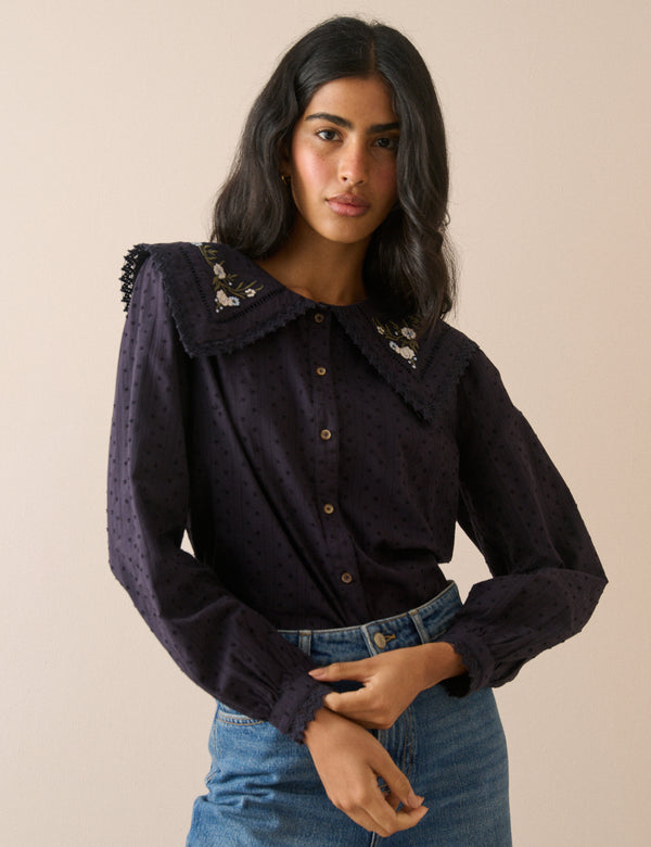 Navy Floral Embroidered Oversized Collar Blouse