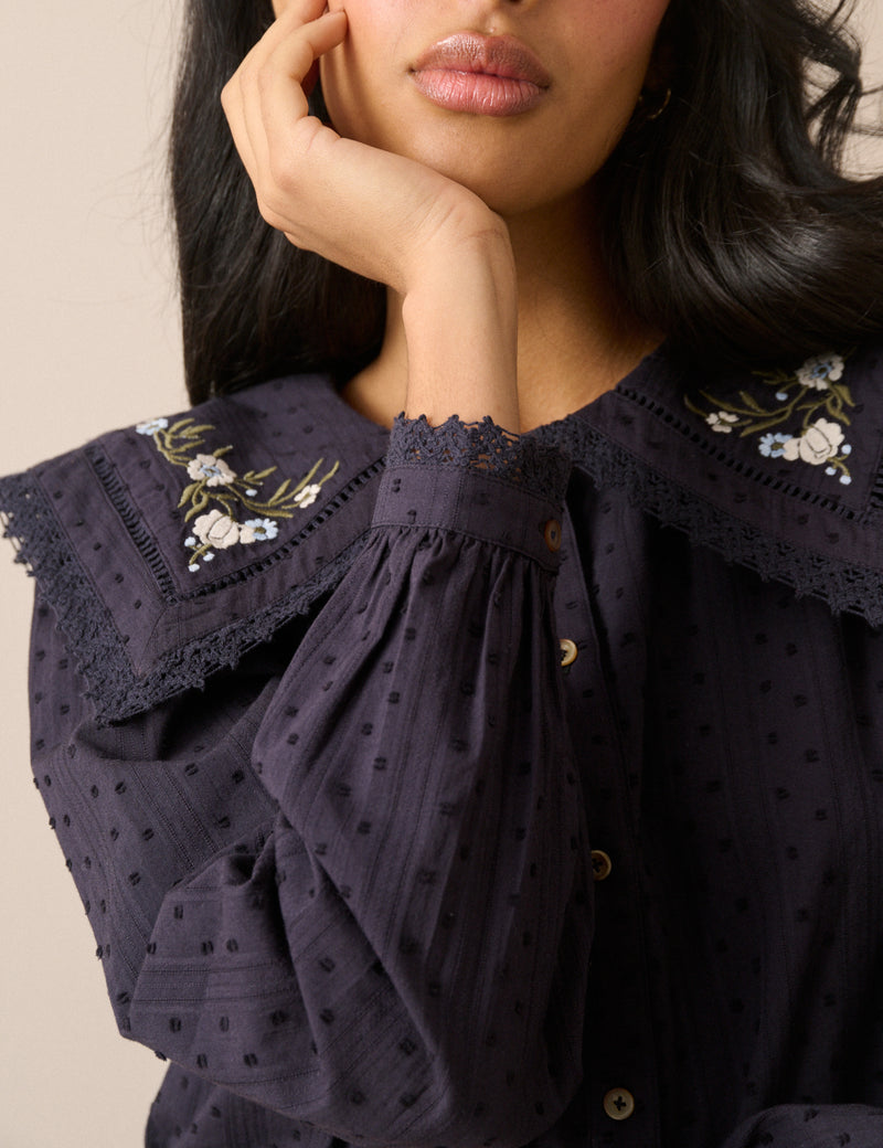 Navy Floral Embroidered Oversized Collar Blouse