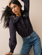 Navy Floral Embroidered Oversized Collar Blouse