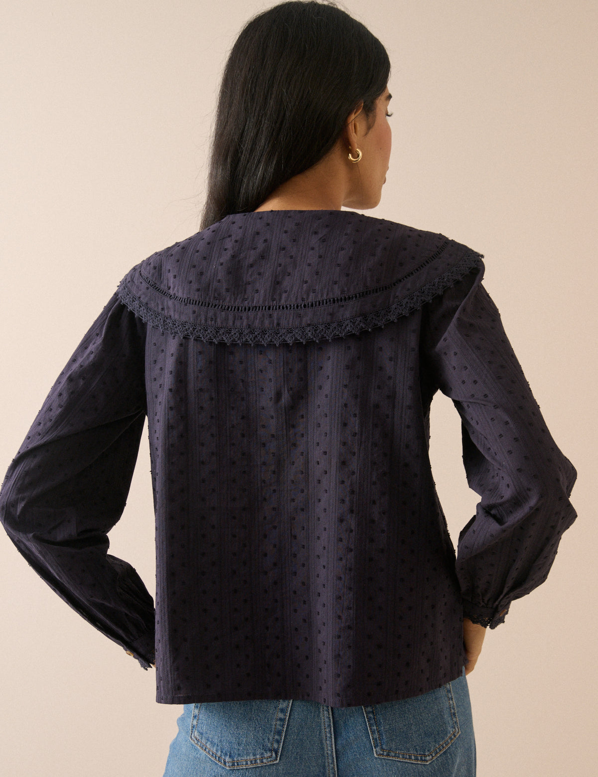 Navy Floral Embroidered Oversized Collar Blouse