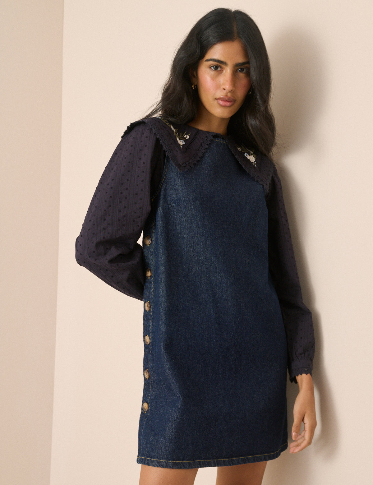 Navy Floral Embroidered Oversized Collar Blouse
