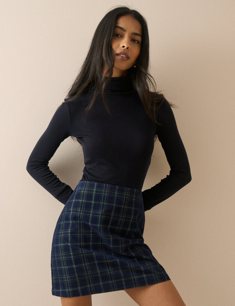 Navy Tartan Cord Patch Pocket Mini Skirt