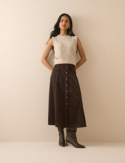 Brown Button Down Cord Midi Skirt