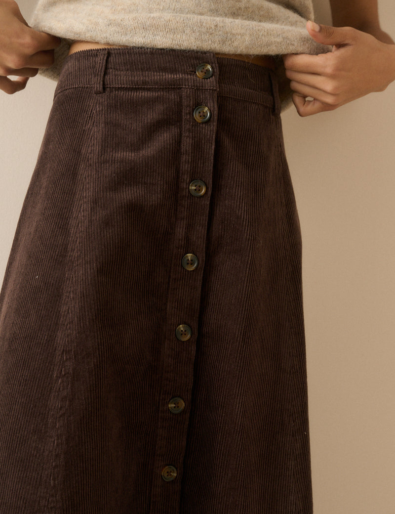 Brown Button Down Cord Midi Skirt
