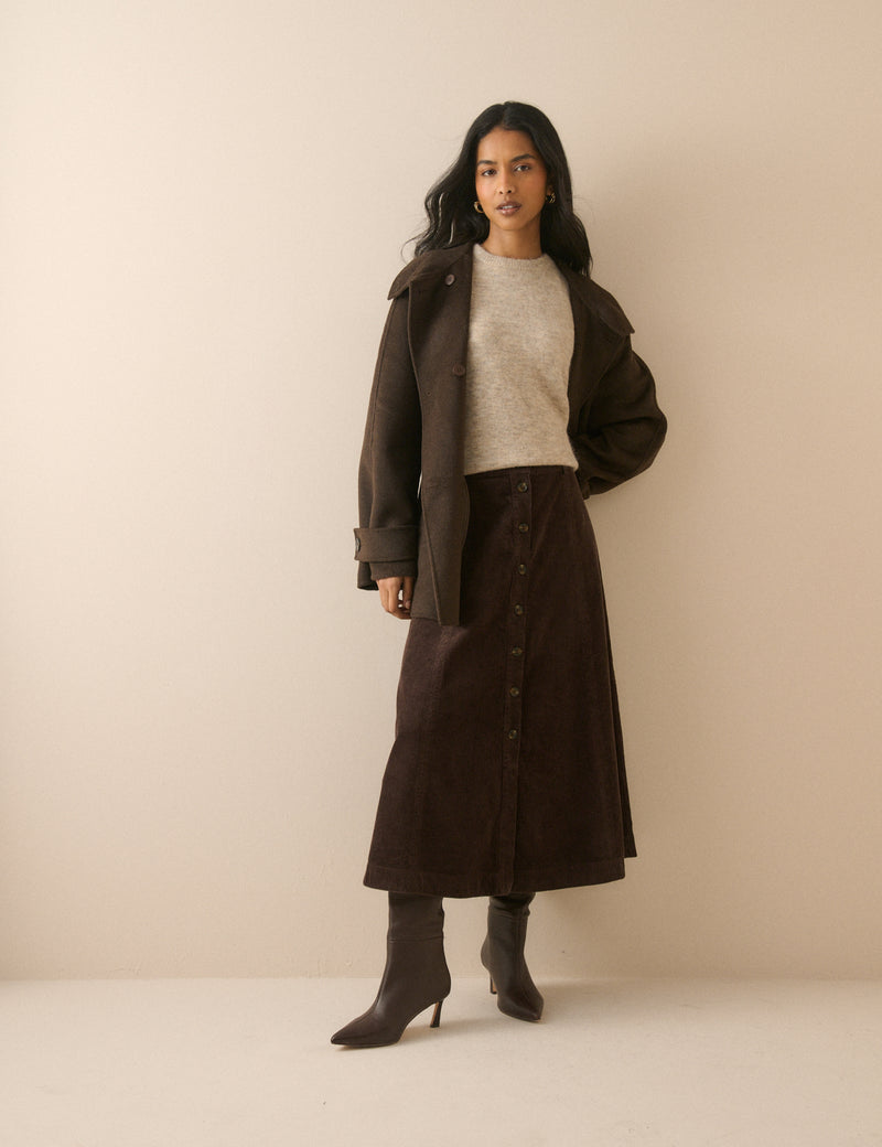 Brown Button Down Cord Midi Skirt