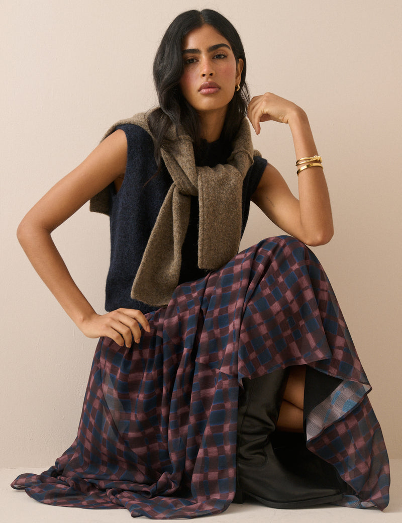 Blue and Burgundy Check Madden Maxi Skirt
