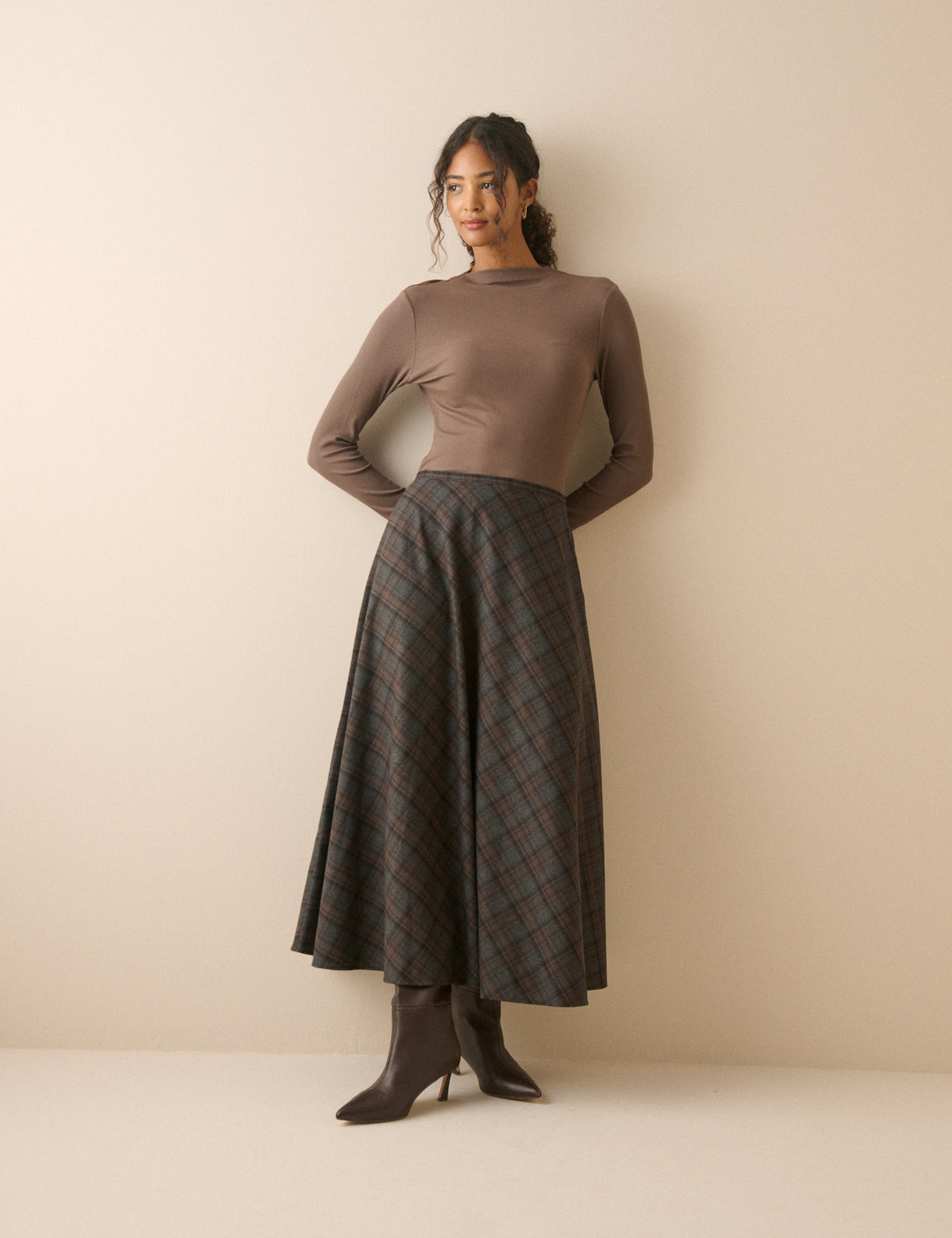 Grey and Brown Tartan High Waisted Skirt