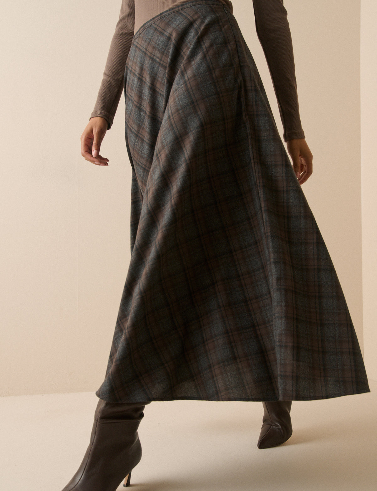 Grey and Brown Tartan High Waisted Skirt