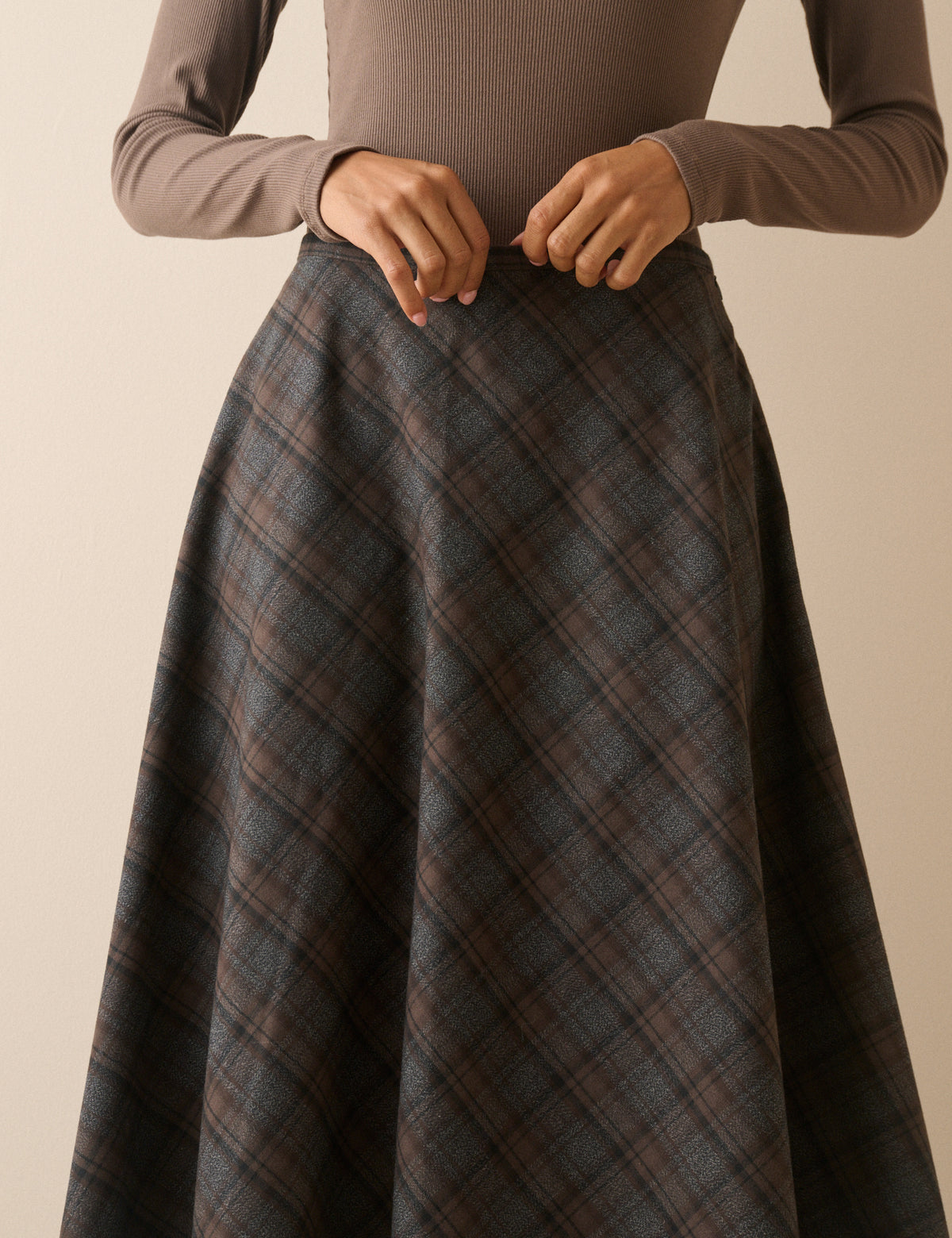 Grey and Brown Tartan High Waisted Skirt