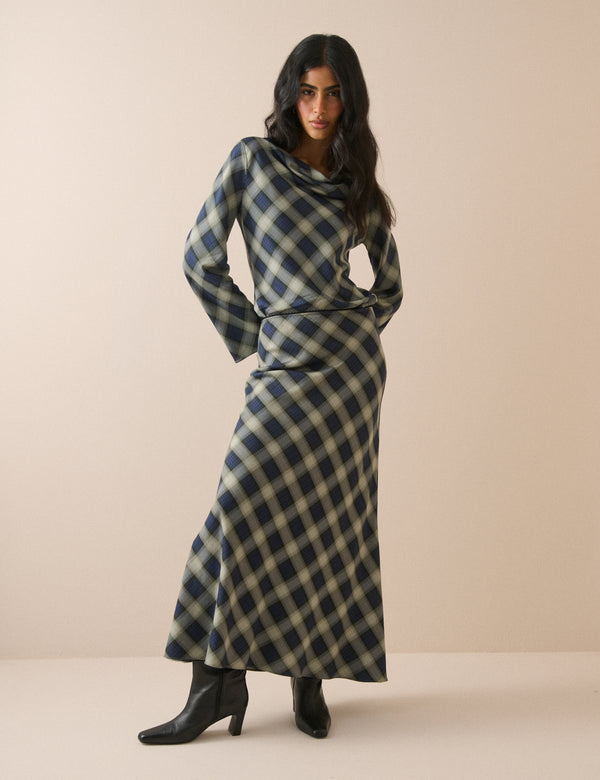 Navy Check Cowl Neck Top