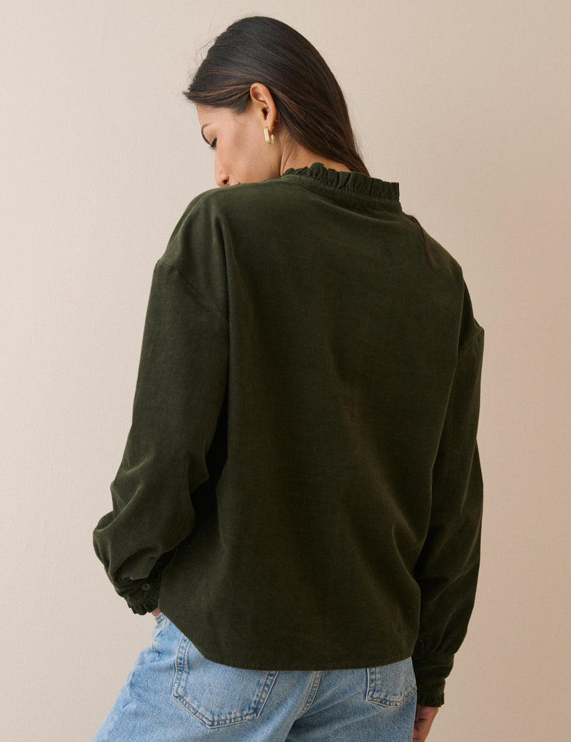 Khaki Frill Trim Cord Shirt