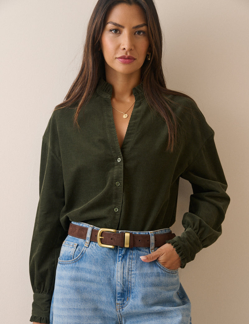 Khaki Frill Trim Cord Shirt