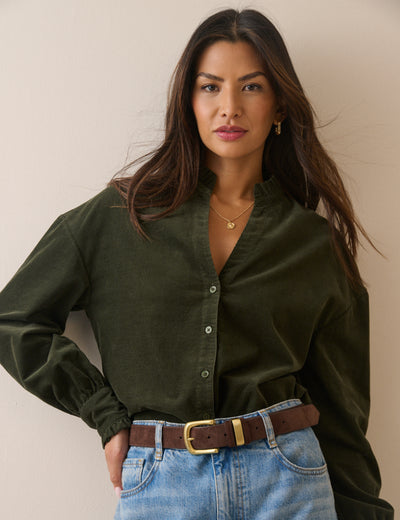 Khaki Frill Trim Cord Shirt