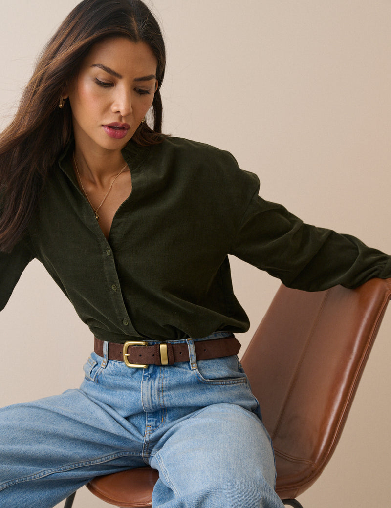 Khaki Frill Trim Cord Shirt