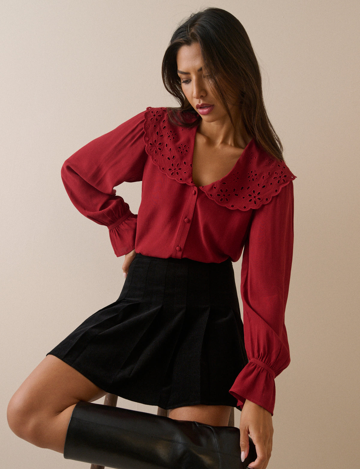 Red Oversized Collared Blouse