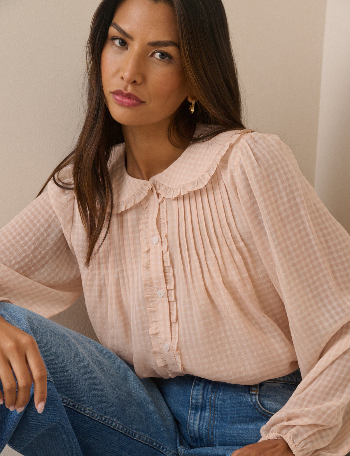 Pink Gingham Frill Peter Pan Collar Blouse