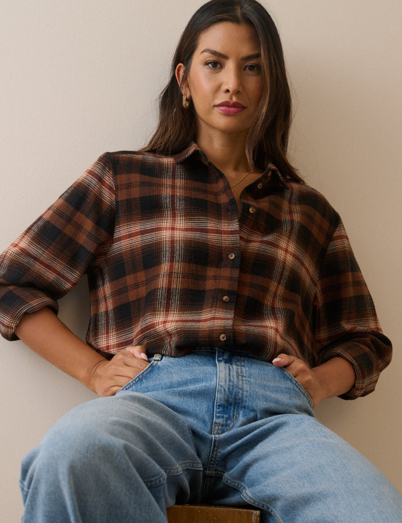 Navy and Brown Check Flannel Shirt