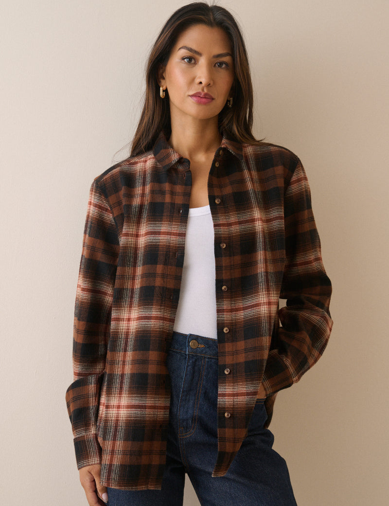 Navy and Brown Check Flannel Shirt
