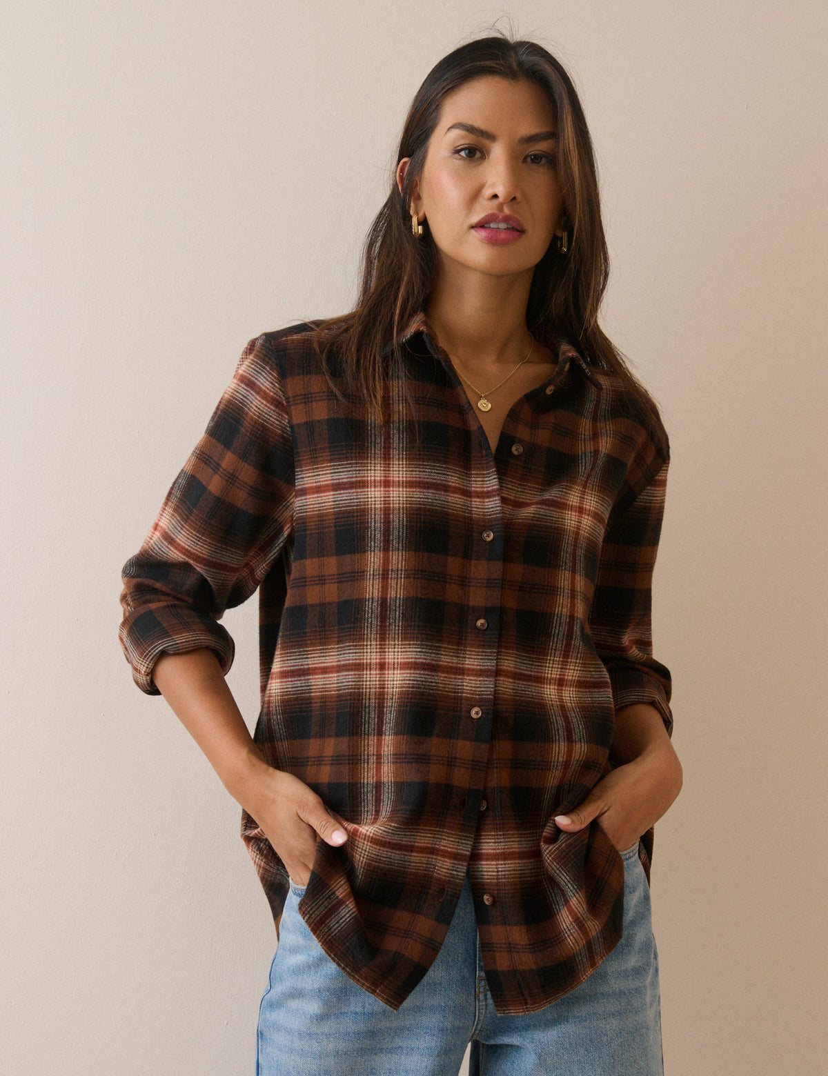 Navy and Brown Check Flannel Shirt