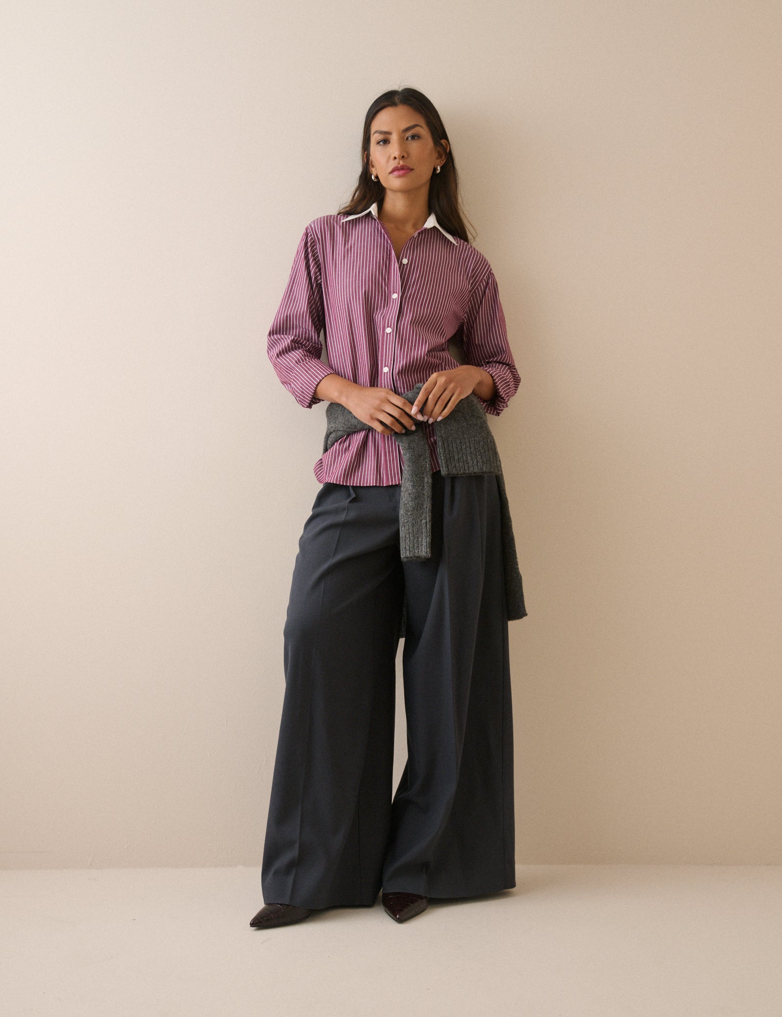 Burgundy Pinstripe Contrast Collar Shirt